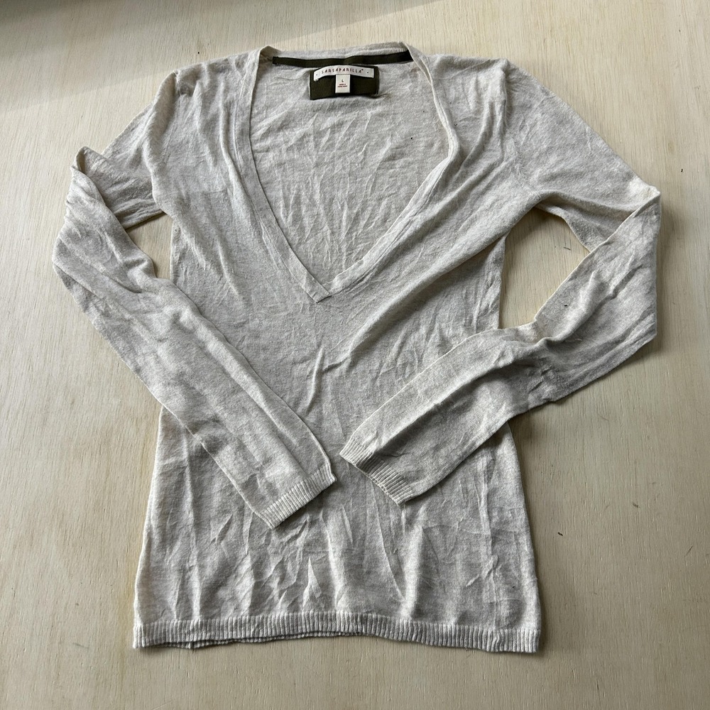 Sarsaparilla Sweater Womens Large Gray V Neck Lightweight Tight-Knit Pullover